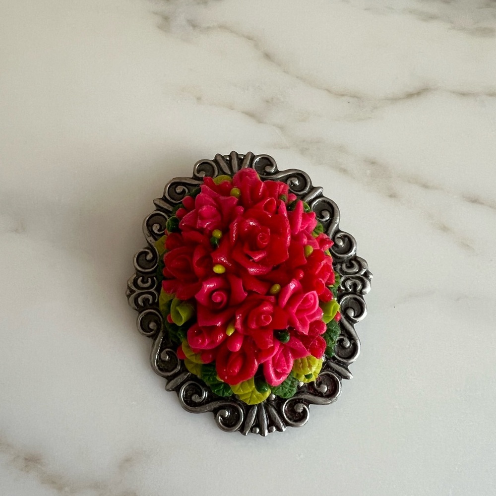 Floral Brooch with Pink and Green Accents (1”)